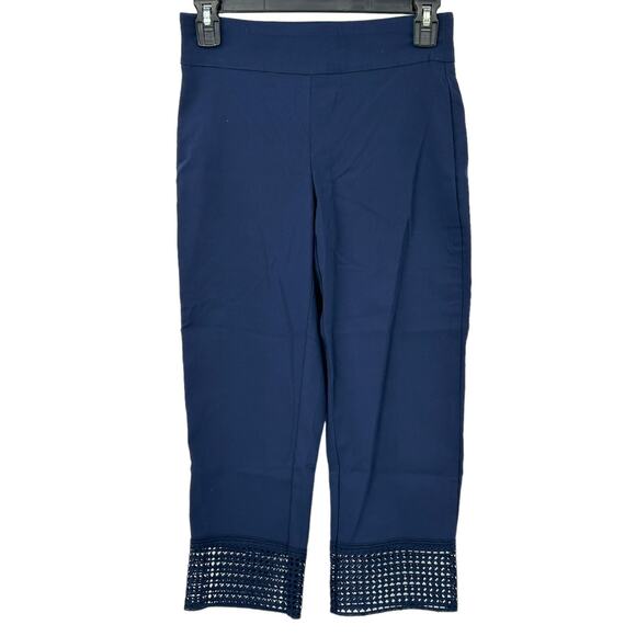 JM Collection Pants Womens PP 0P 2P Petite Crop Capri Navy Pull On Stretch Lace - Picture 1 of 6